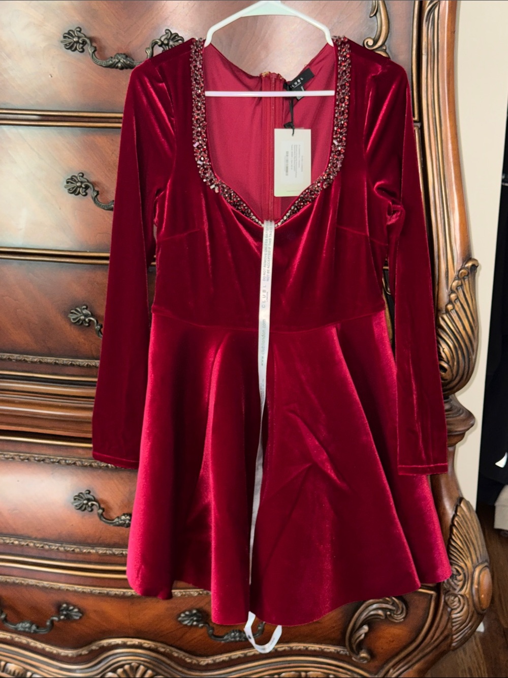 Club London beaded V‑Neck Red Velvet Fit & Flare Dress